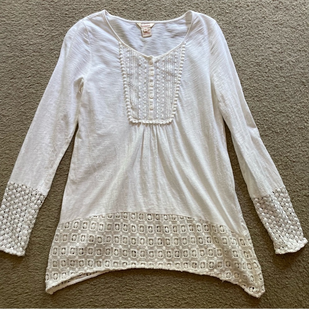 Sundance 100% Cotton White Long Sleeve Crochet & Lace Henley Top, PS